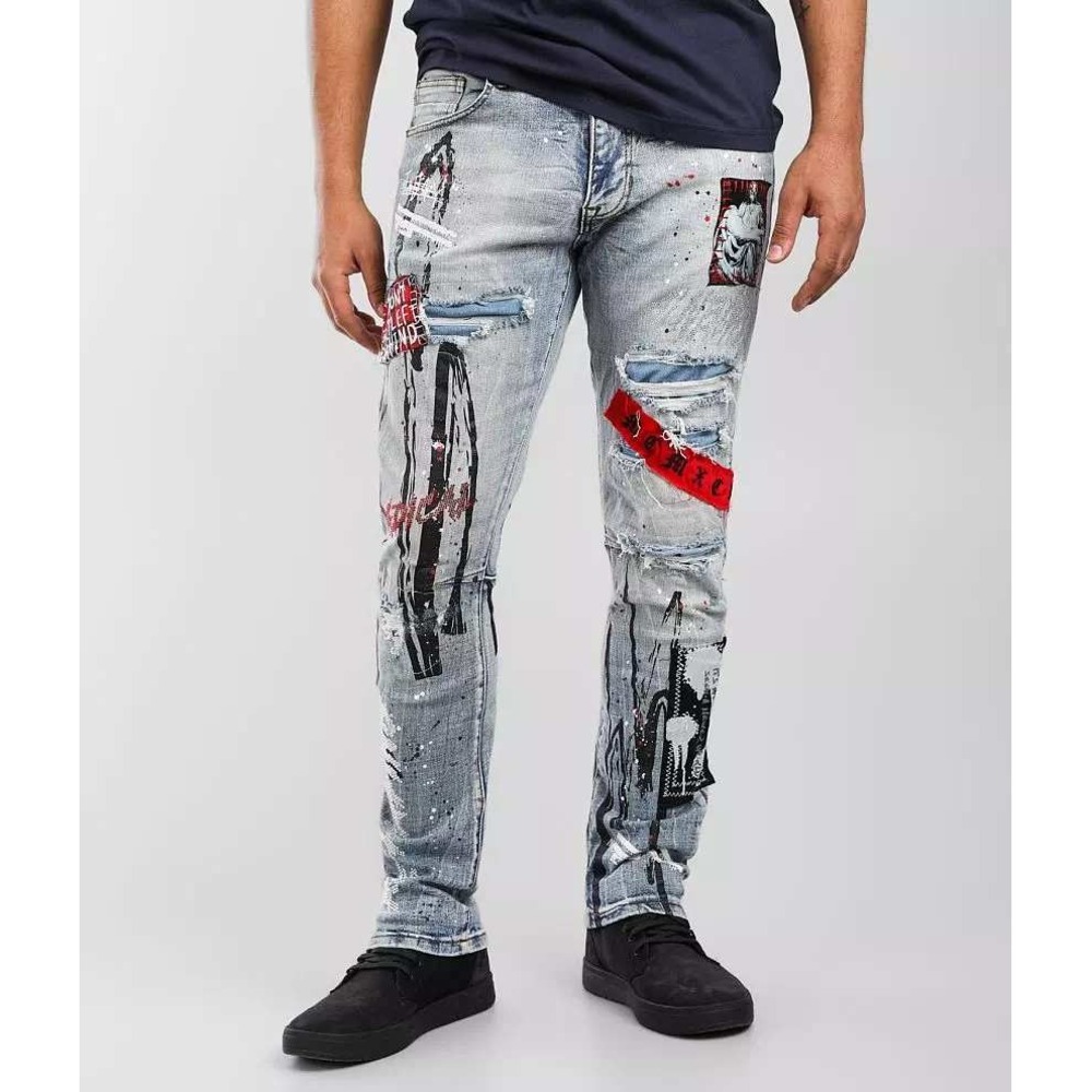 Smoke Rise Embellished Taper Stretch‎ Jeans 46x32 Graffiti Patch Distressed EUC